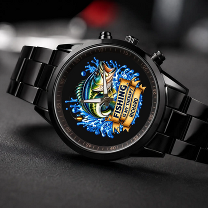 Angled view of the black Racing Metal custom fishing watch with Fishing Is My Therapy dial