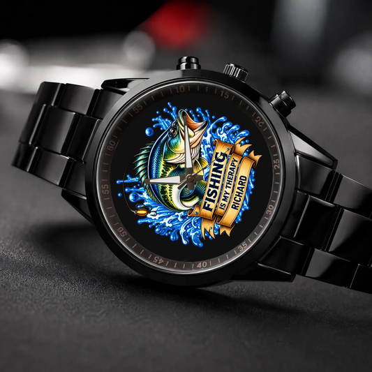 Angled view of the black Racing Metal custom fishing watch with Fishing Is My Therapy dial