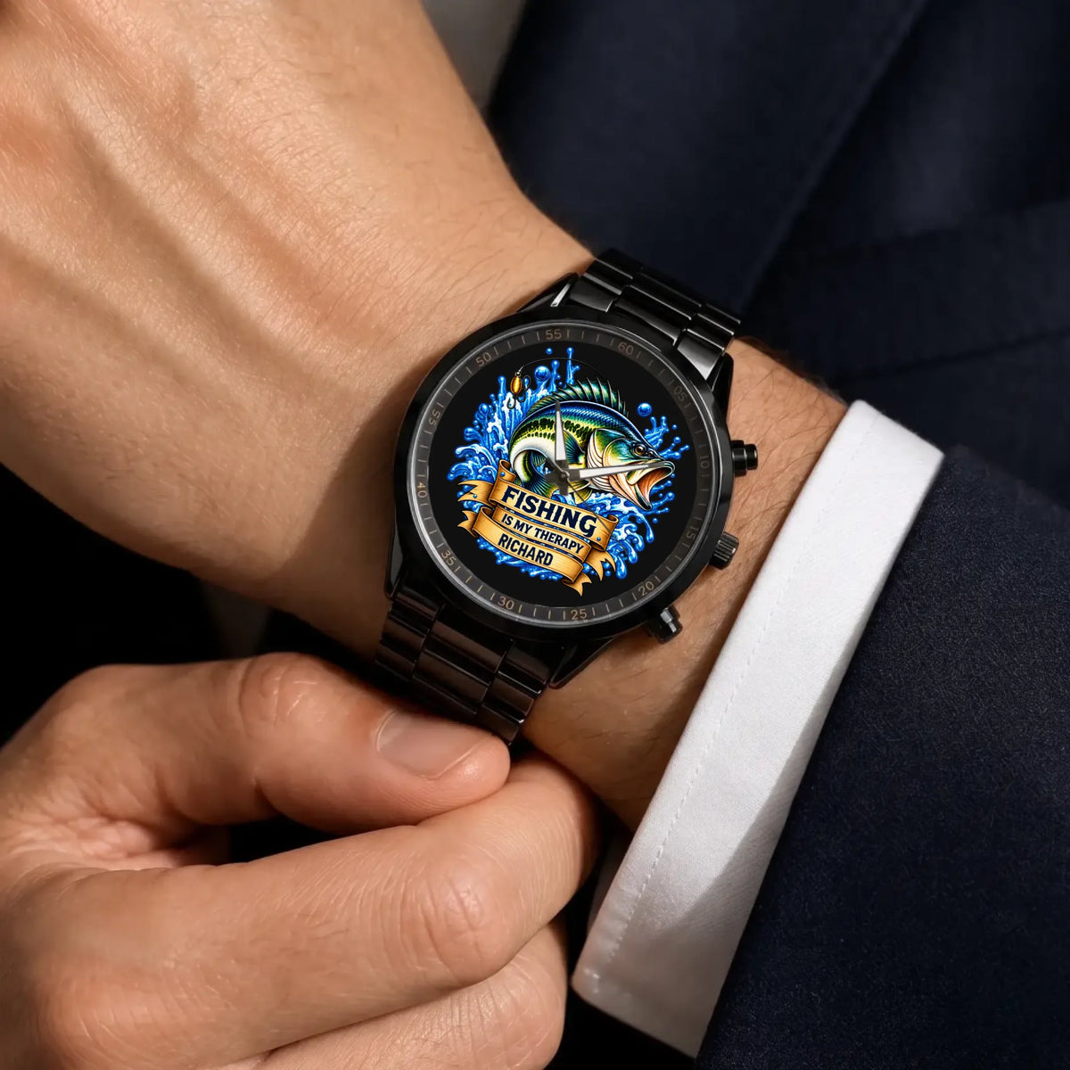 Fishing Is My Therapy watch with custom name and black bracelet worn with a navy suit
