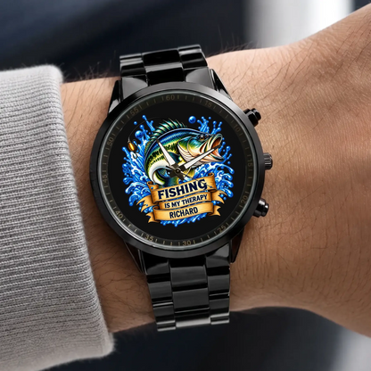Personalized fishing watch with a black metal bracelet worn beside a gray sleeve