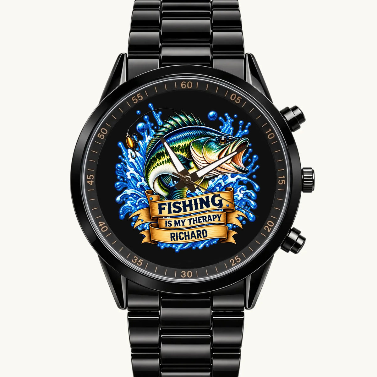 Personalized fishing watch with custom name Richard, blue fish artwork and black Racing Metal bracelet