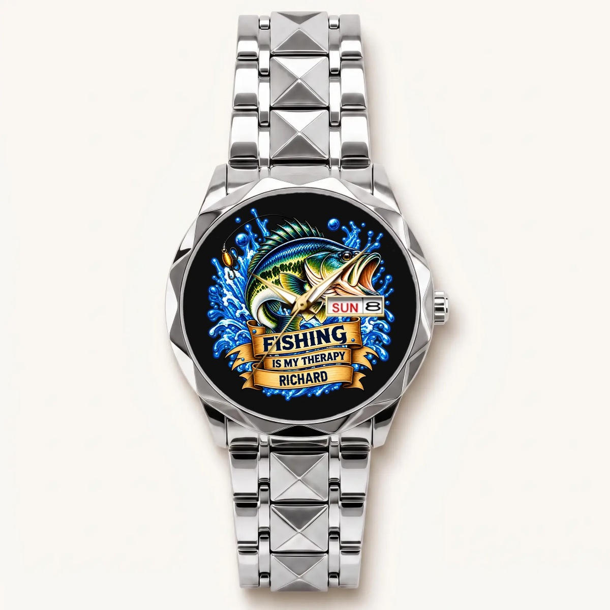 Silver-tone Prestige Calendar custom fishing watch with blue fish artwork and name Richard