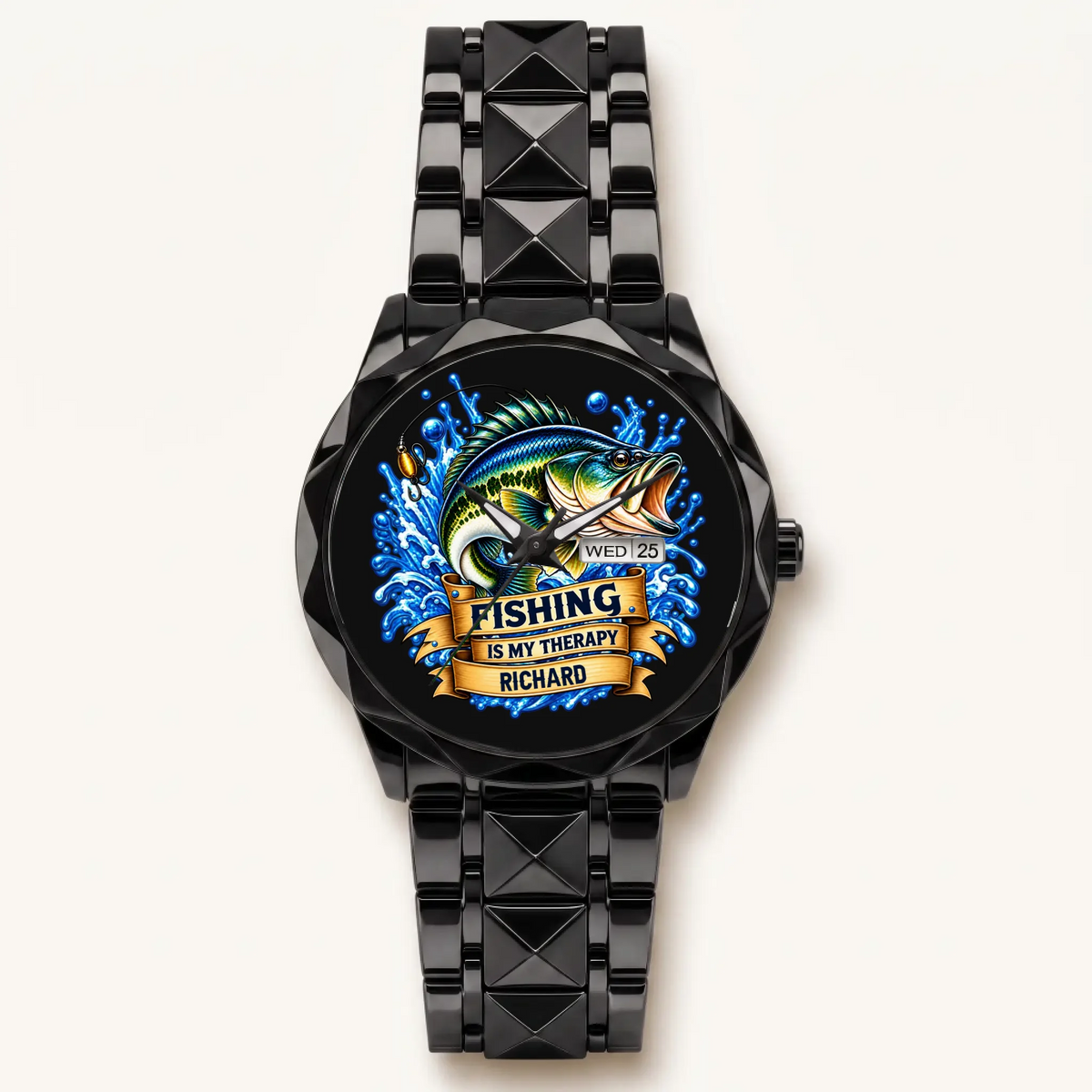 Black Prestige Calendar personalized fishing watch with custom name and faceted bracelet