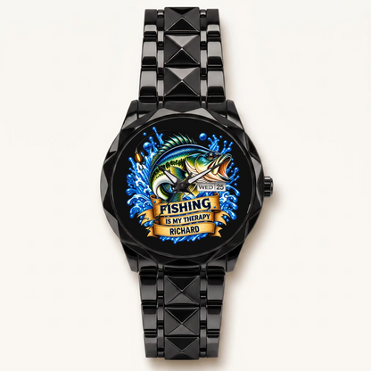 Black Prestige Calendar personalized fishing watch with custom name and faceted bracelet