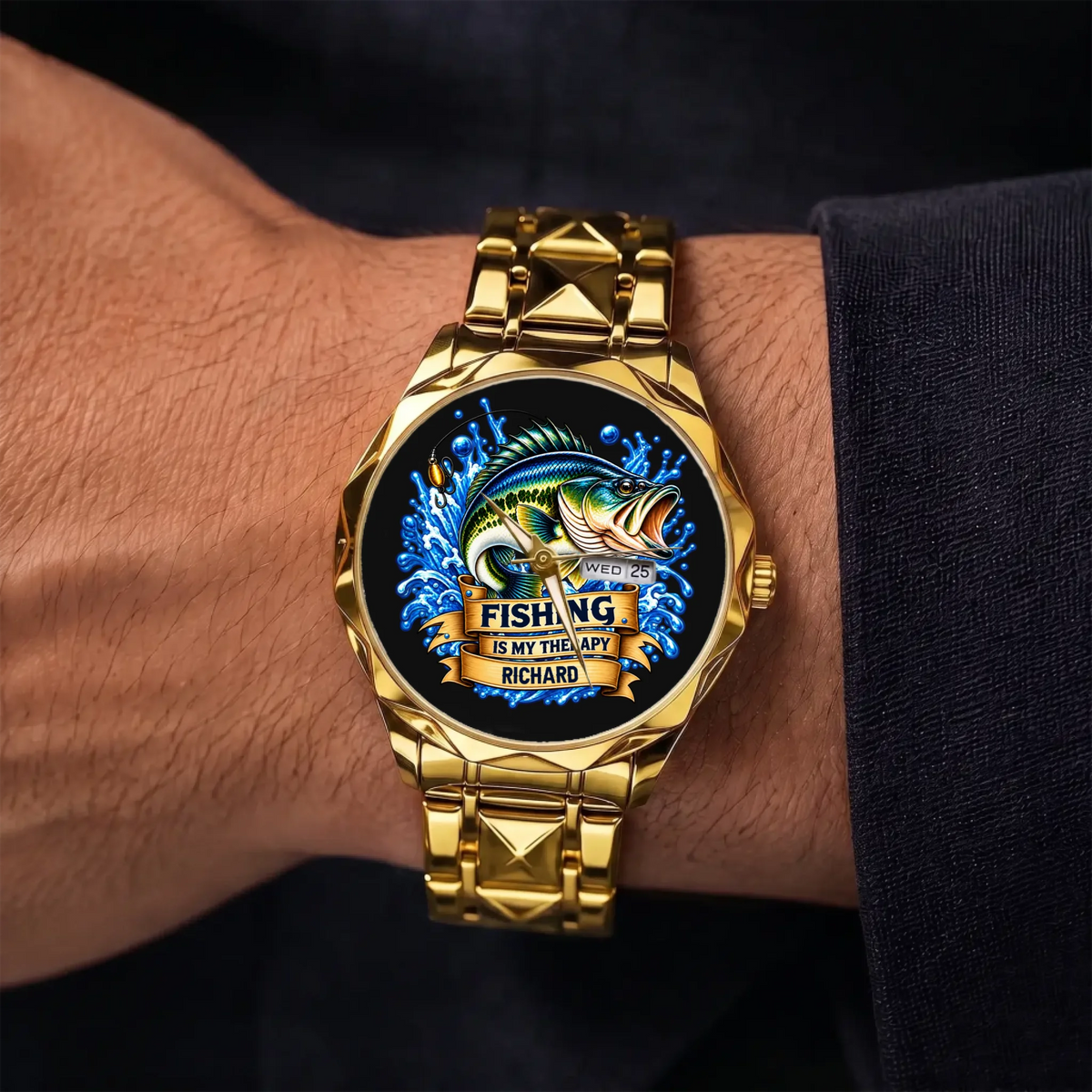 Gold-tone custom fishing watch with Fishing Is My Therapy dial worn on a wrist