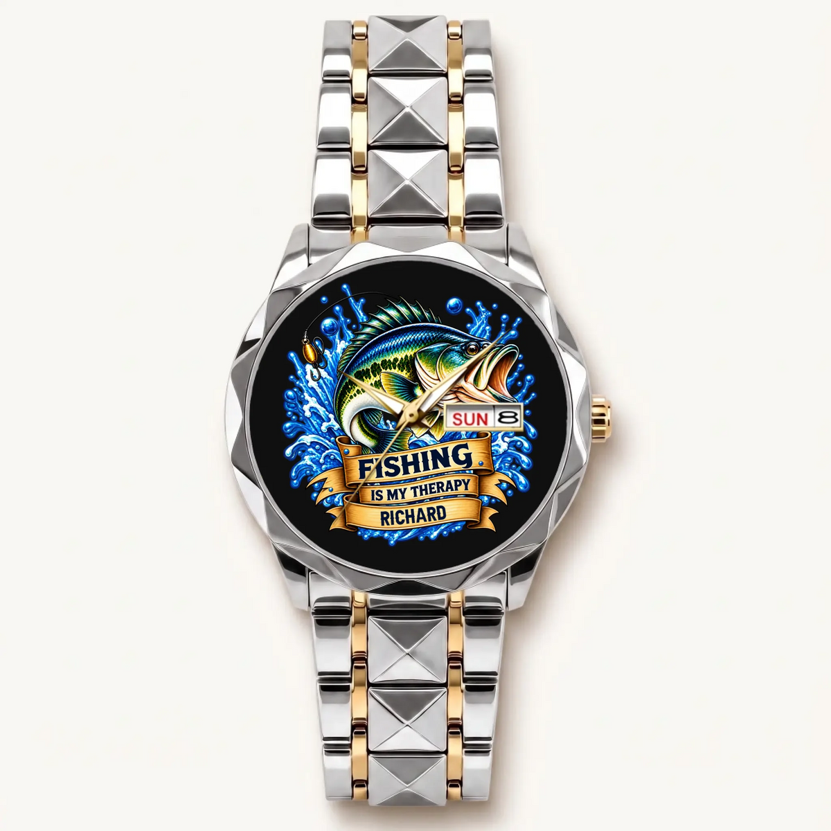 Custom name fishing watch with silver-tone bezel and two-tone Prestige Calendar bracelet
