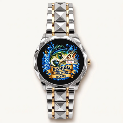 Custom name fishing watch with silver-tone bezel and two-tone Prestige Calendar bracelet