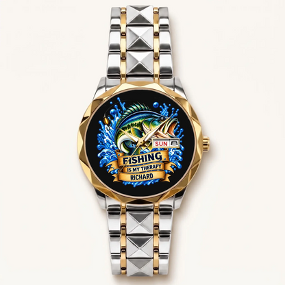 Personalized fishing watch with gold-tone bezel, two-tone bracelet and custom name dial