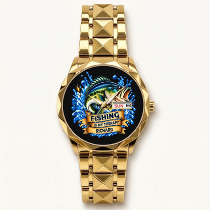 Gold-tone Prestige Calendar personalized fishing watch with custom name Richard, front view