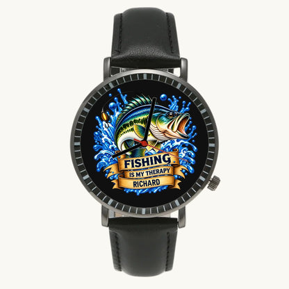 Men's Minimal Leather personalized fishing watch with black strap and fish-and-splash dial