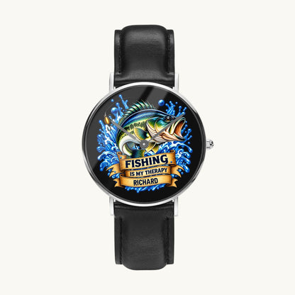 Women's custom name fishing watch with silver-tone case and black leather strap