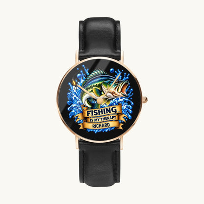 Women's personalized fishing watch with gold-tone case, black leather strap and name Richard