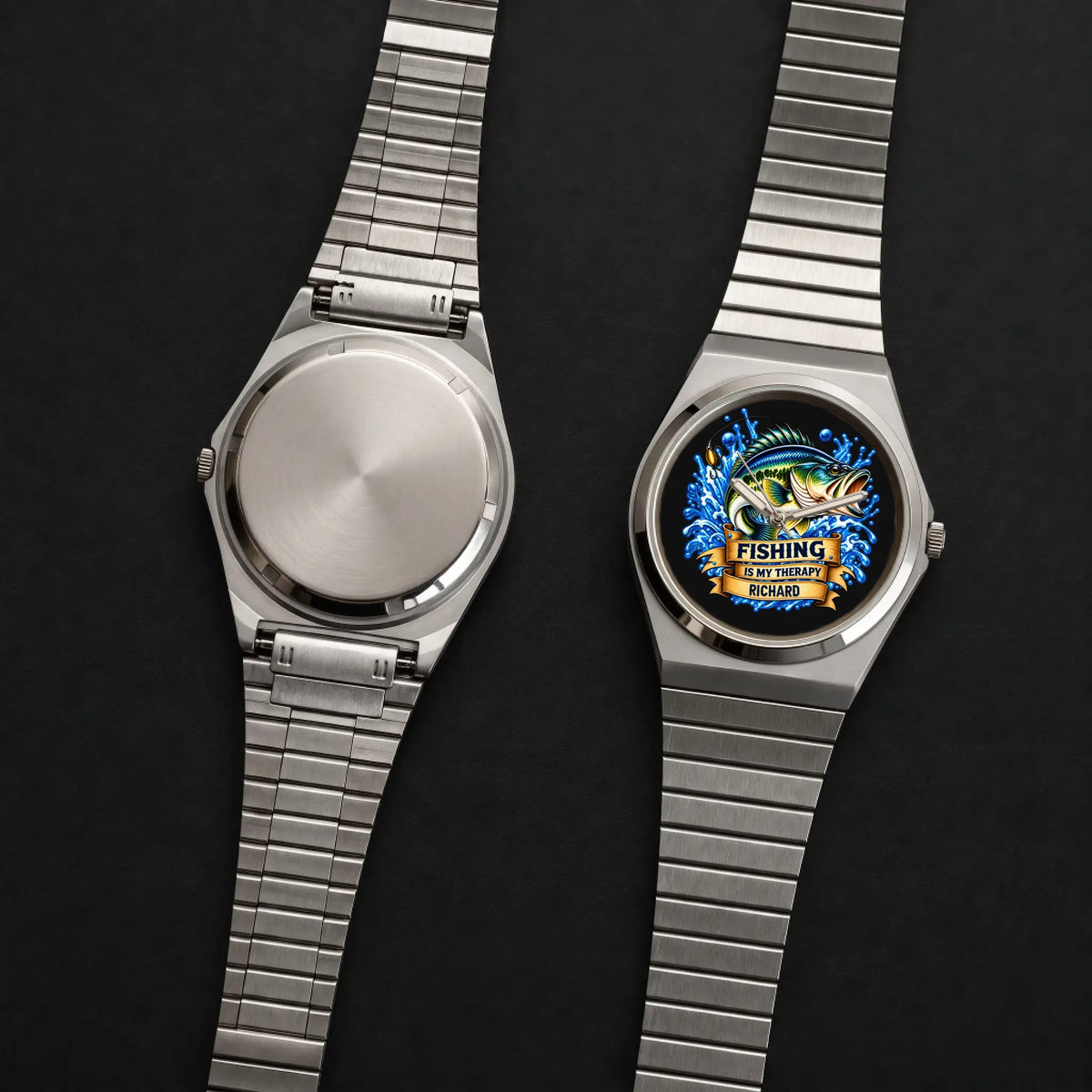 Front and back views of the Signature Round fishing watch with custom name dial and silver-tone bracelet