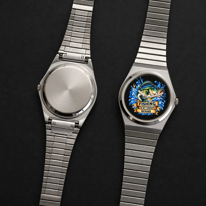 Front and back views of the Signature Round fishing watch with custom name dial and silver-tone bracelet