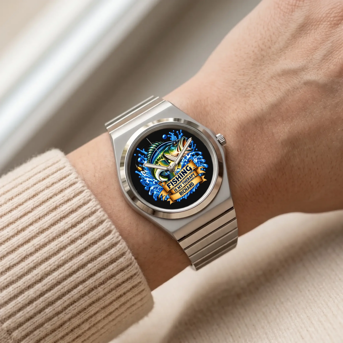 Signature Round Fishing Is My Therapy watch with custom name worn beside a cream sweater