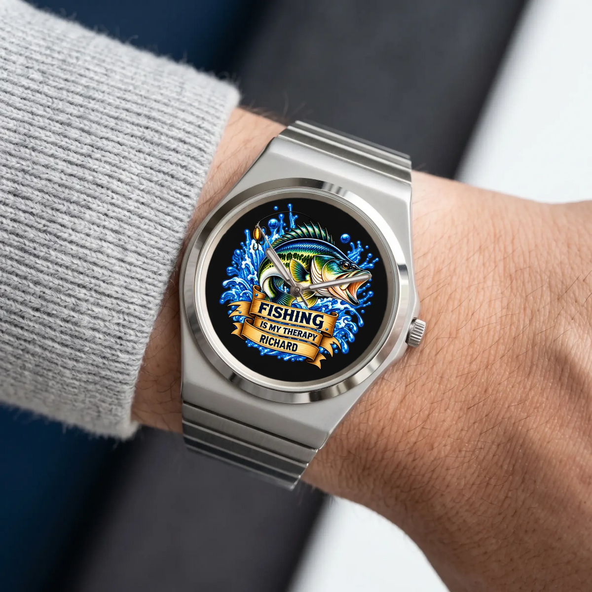 Silver-tone Signature Round custom fishing watch worn beside a gray knit sleeve