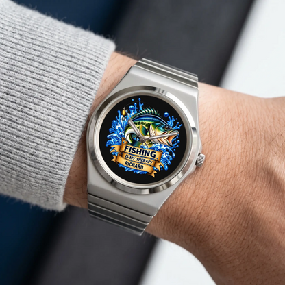 Silver-tone Signature Round custom fishing watch worn beside a gray knit sleeve