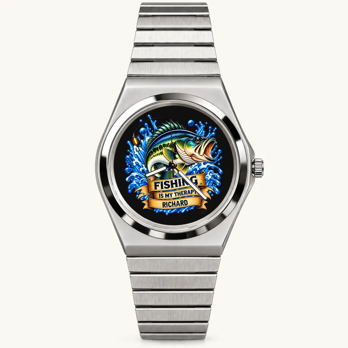 Signature Round personalized fishing watch with silver-tone bracelet and name Richard, front view