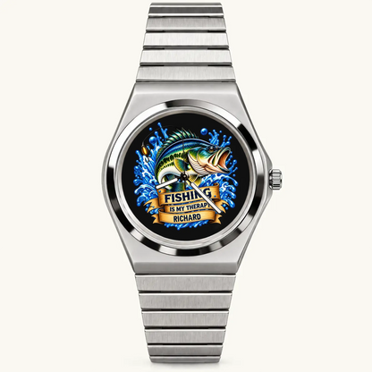 Signature Round personalized fishing watch with silver-tone bracelet and name Richard, front view