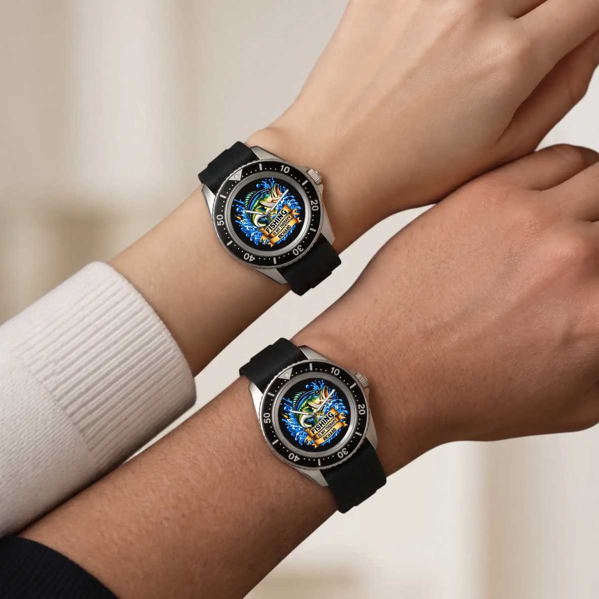 Two wrists wearing matching RIFT DIVER Fishing Is My Therapy watches with personalized name dials
