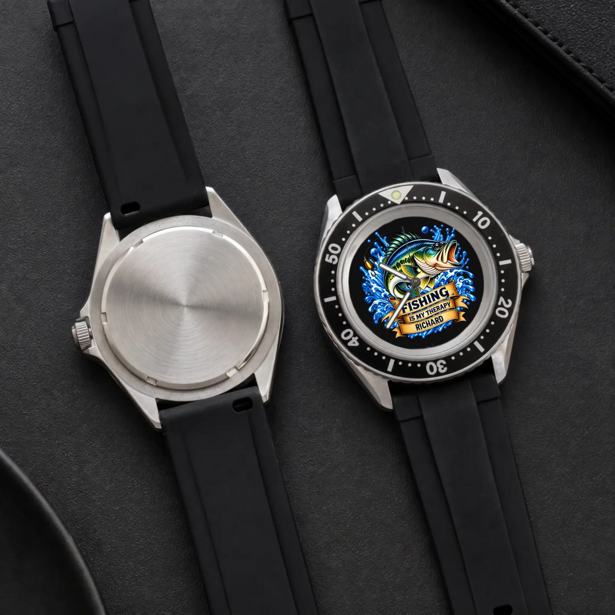 Front and back views of the RIFT DIVER custom fishing watch with black strap