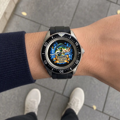 RIFT DIVER personalized fishing watch with black strap shown on a wrist outdoors