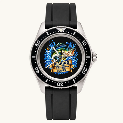 RIFT DIVER personalized fishing watch with black strap, numbered bezel and name Richard, front view