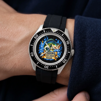 RIFT DIVER personalized fishing watch worn on a wrist beside a navy sleeve