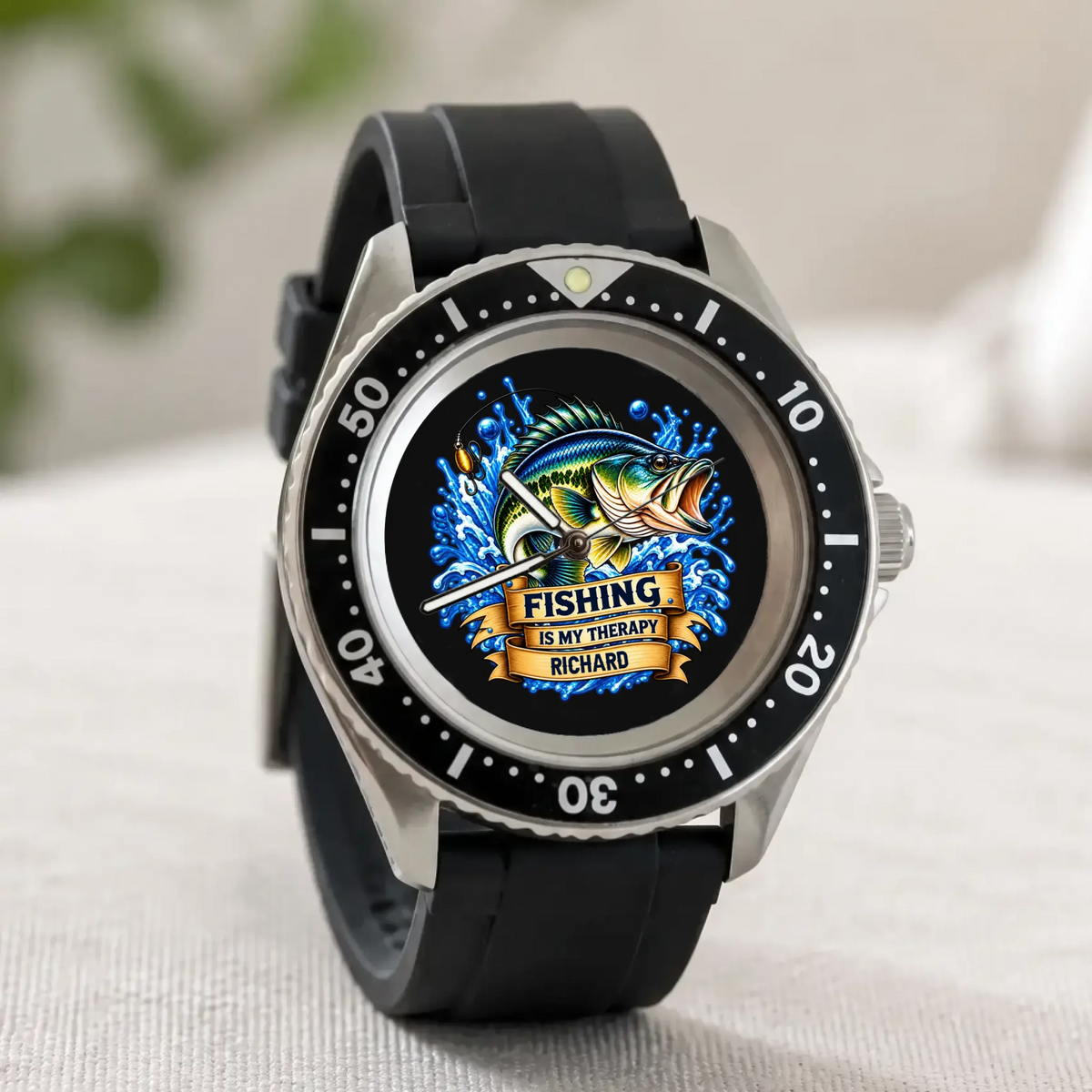 Angled view of the RIFT DIVER custom fishing watch standing on a light fabric surface