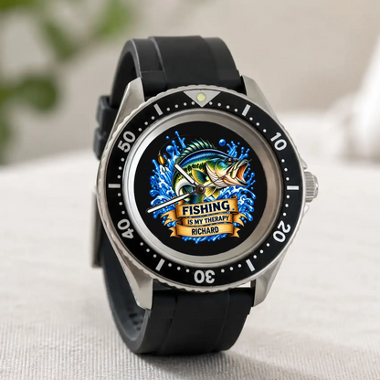 Angled view of the RIFT DIVER custom fishing watch standing on a light fabric surface
