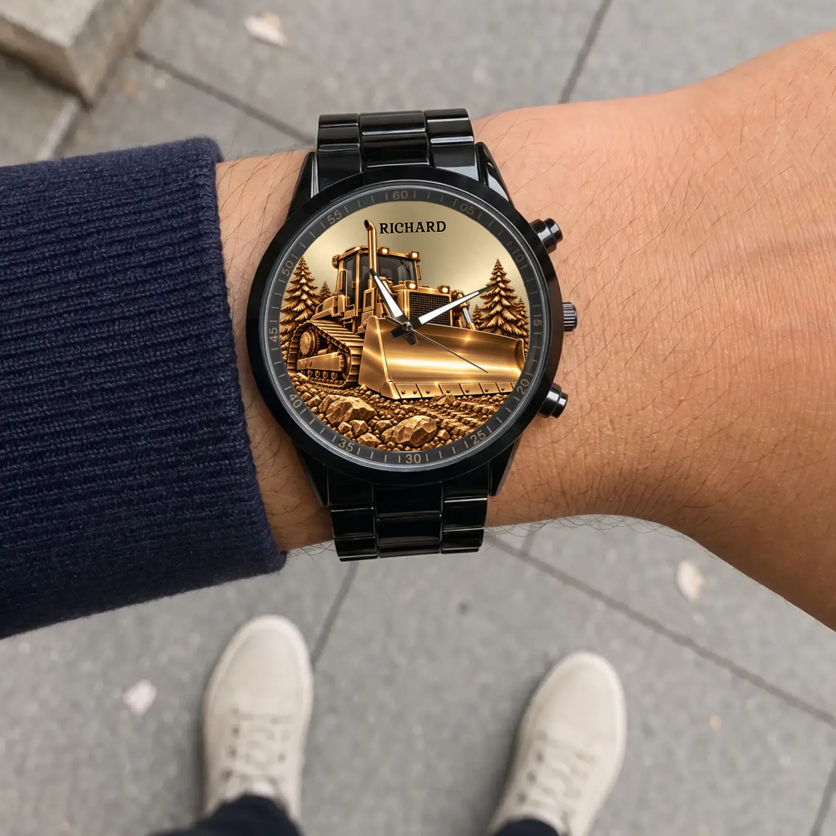 Black Racing Metal bulldozer watch with custom name worn outdoors