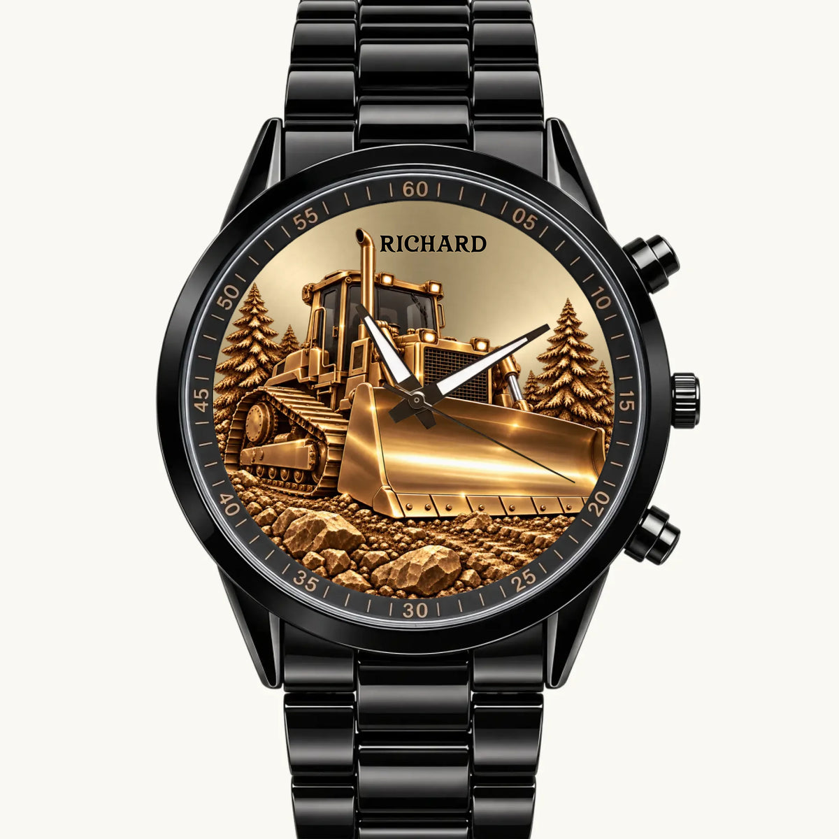 Personalized bulldozer watch with custom name and black Racing Metal bracelet, front view