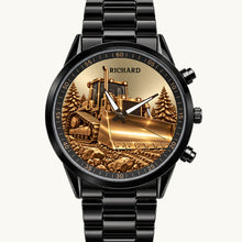 Personalized bulldozer watch with custom name and black Racing Metal bracelet, front view