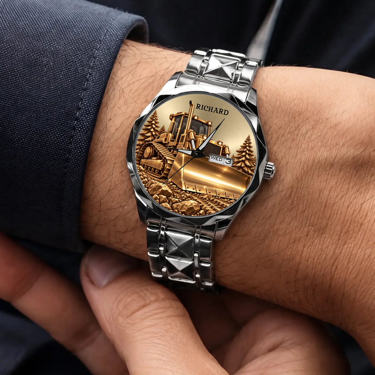 Silver-tone Prestige Calendar personalized bulldozer watch worn beside a navy sleeve