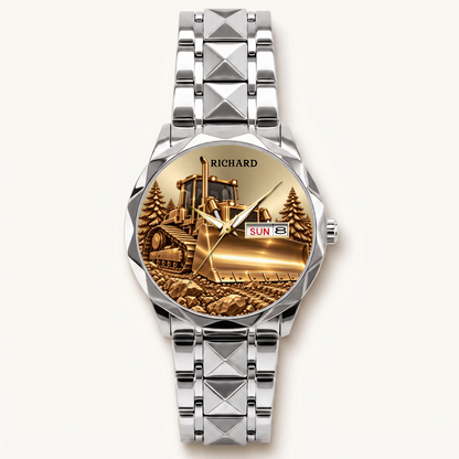 Silver-tone Prestige Calendar bulldozer watch with custom name and day-date window