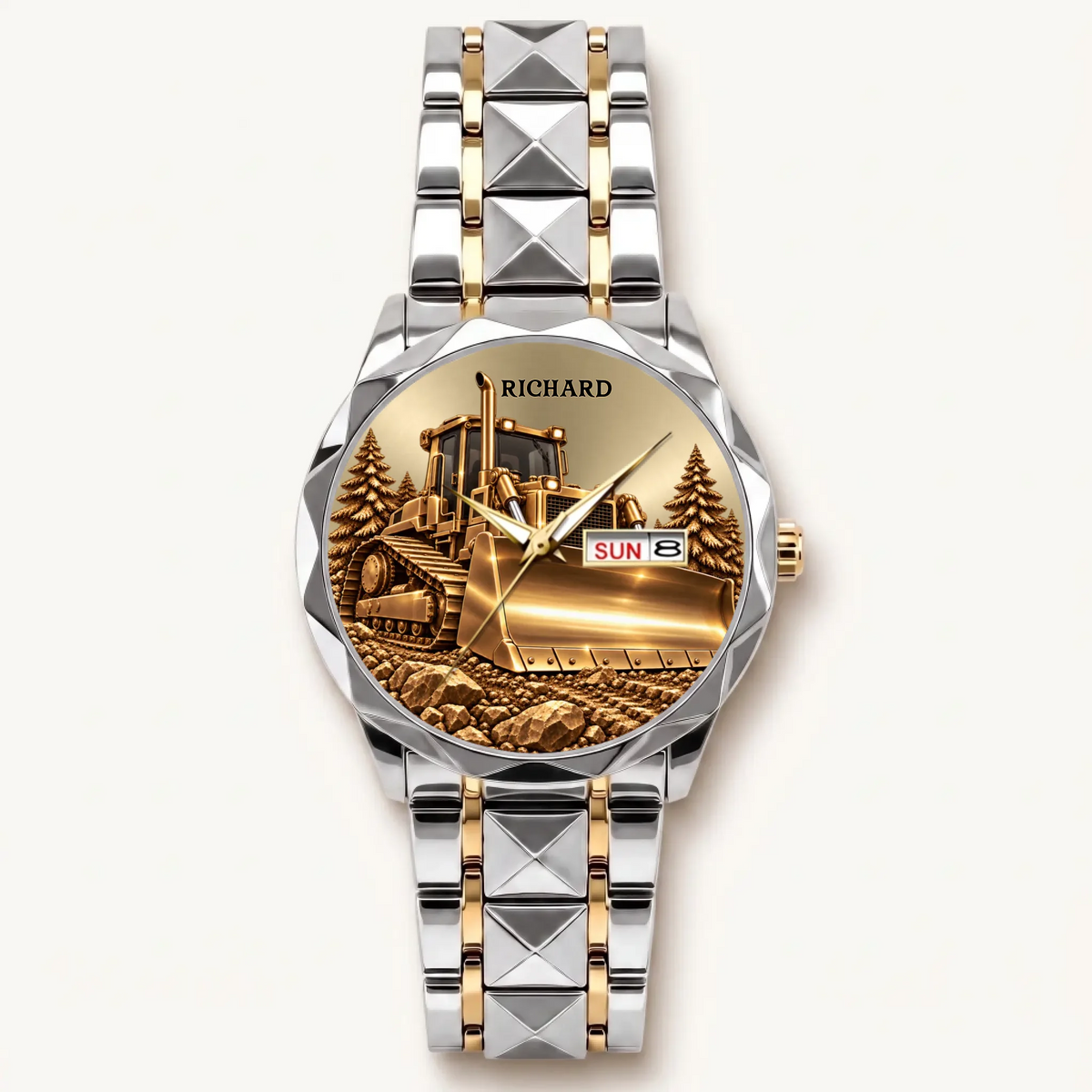 Personalized bulldozer watch with silver-tone bezel and two-tone Prestige Calendar bracelet