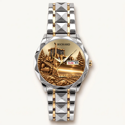 Personalized bulldozer watch with silver-tone bezel and two-tone Prestige Calendar bracelet