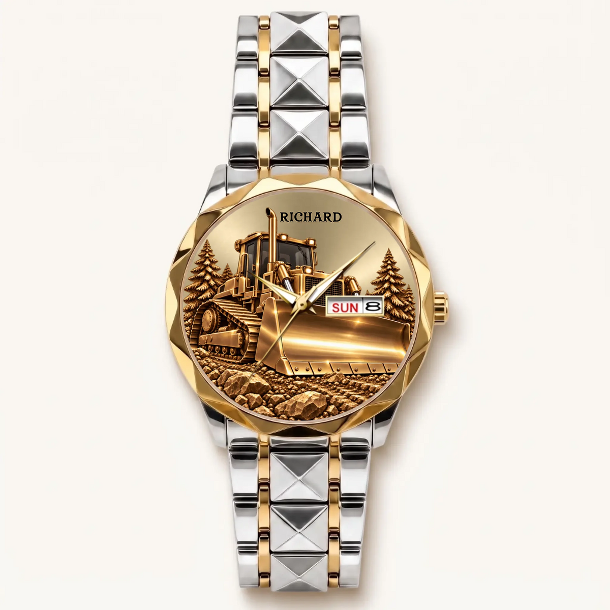 Custom name bulldozer watch with gold-tone bezel and two-tone Prestige Calendar bracelet