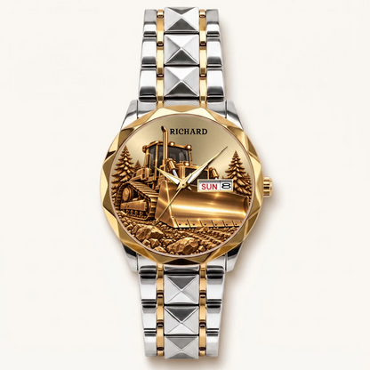 Custom name bulldozer watch with gold-tone bezel and two-tone Prestige Calendar bracelet