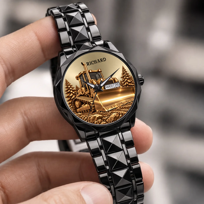 Black Prestige Calendar personalized bulldozer watch held for a close-up