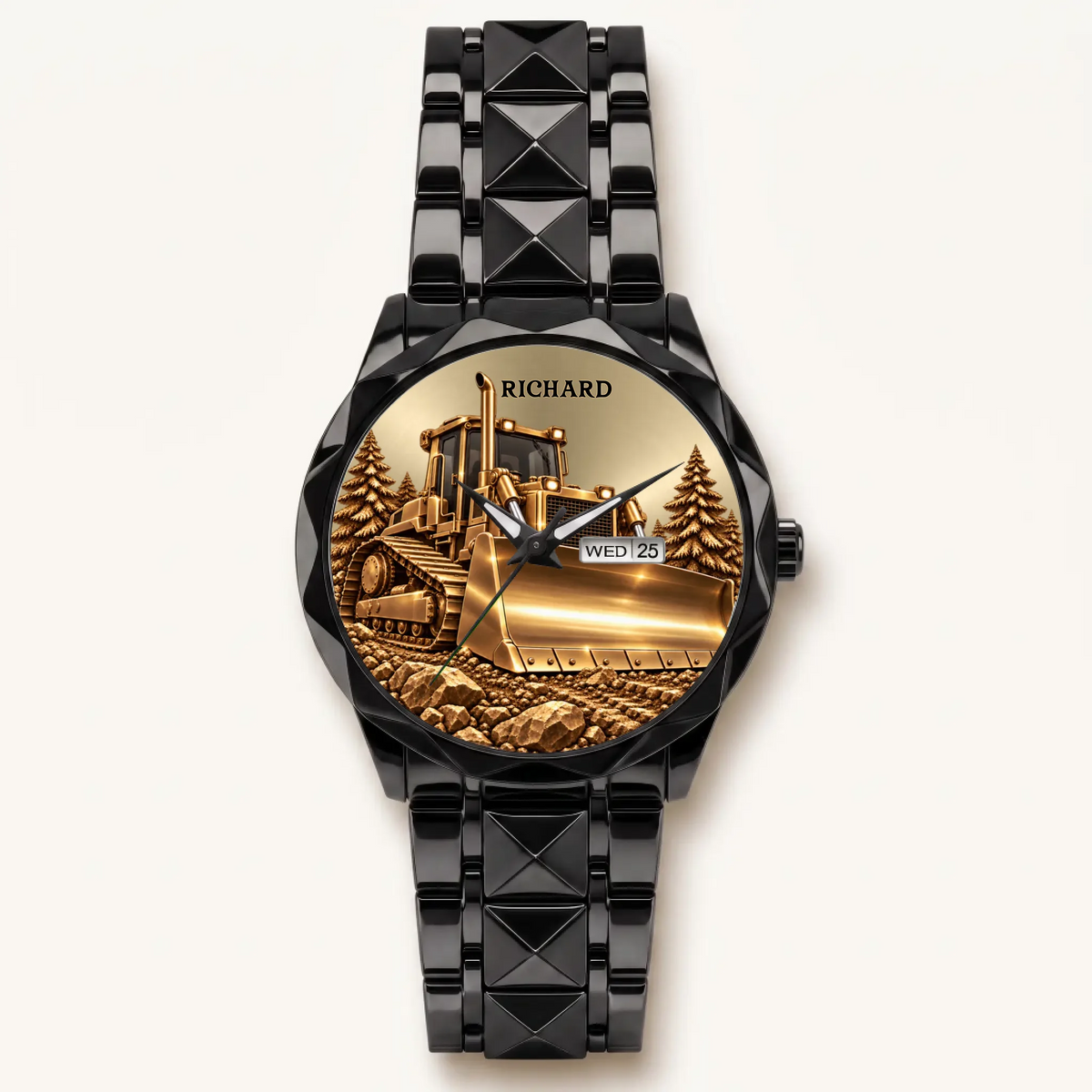 Black Prestige Calendar custom bulldozer watch with faceted bracelet, front view