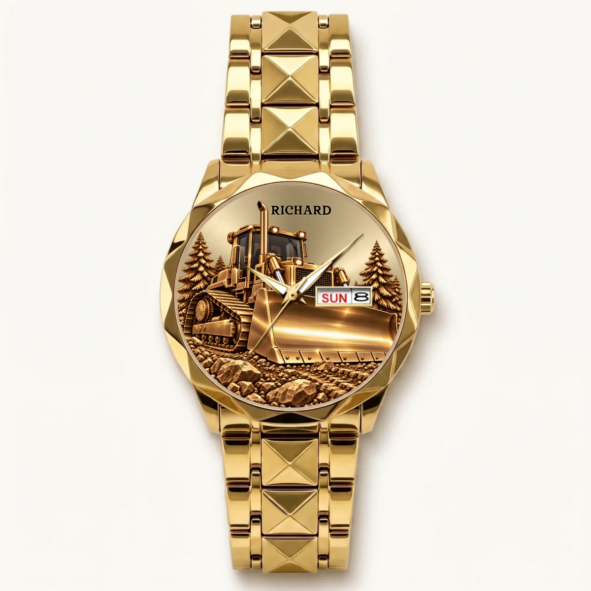 Gold-tone Prestige Calendar personalized bulldozer watch with day-date window, front view