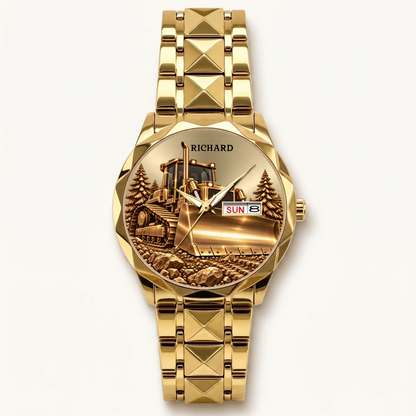 Gold-tone Prestige Calendar personalized bulldozer watch with day-date window, front view