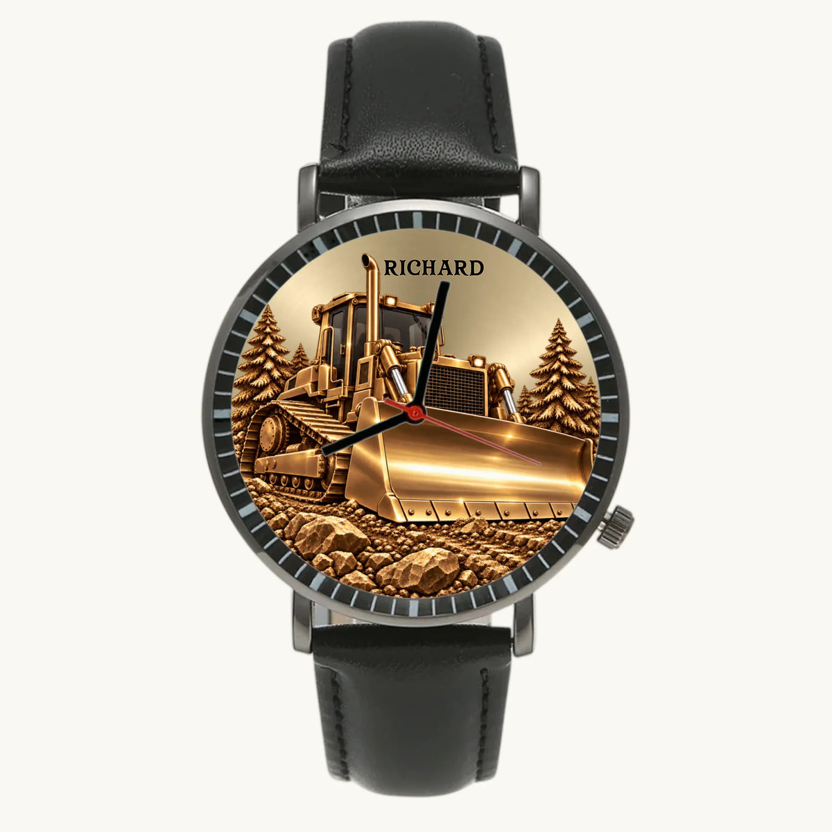 Men's Minimal Leather bulldozer watch with custom name, black strap and dark case