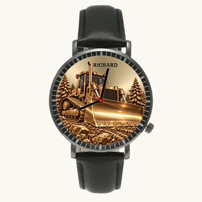 Men's Minimal Leather bulldozer watch with custom name, black strap and dark case
