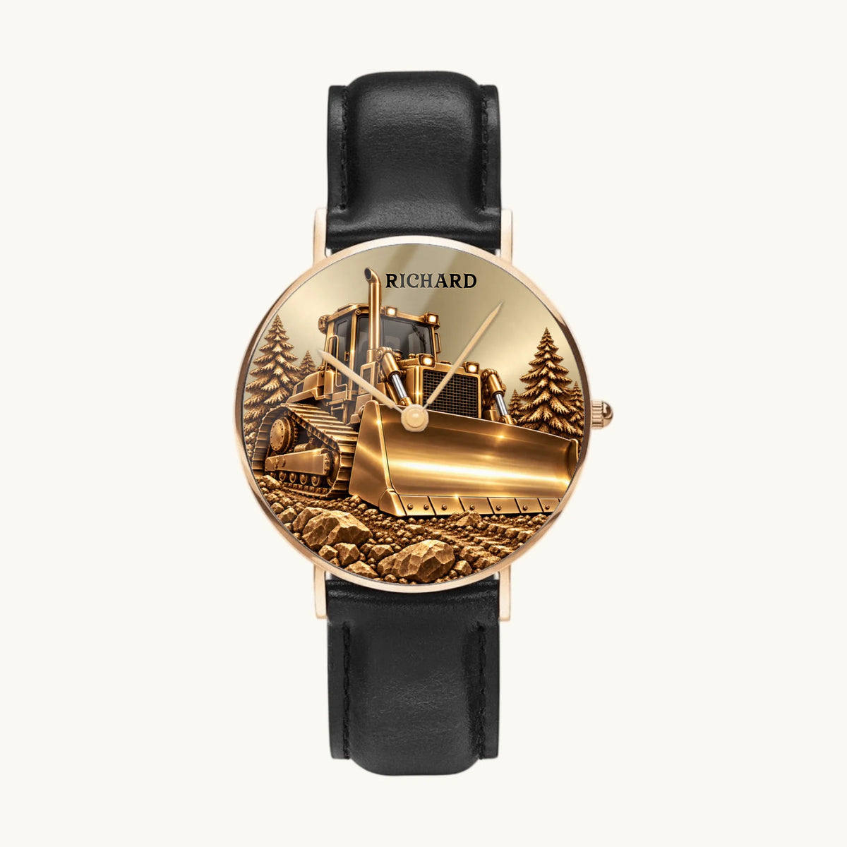 Women's Minimal Leather personalized bulldozer watch with gold-tone case and black strap