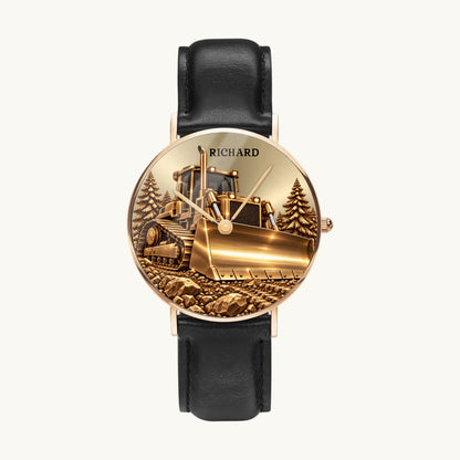Women's Minimal Leather personalized bulldozer watch with gold-tone case and black strap
