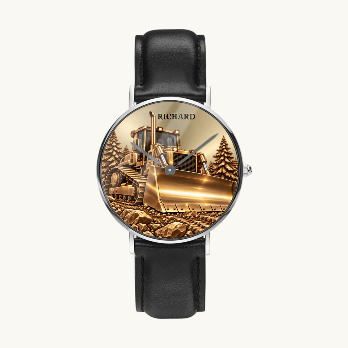 Women's Minimal Leather custom bulldozer watch with silver-tone case and black strap