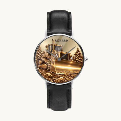 Women's Minimal Leather custom bulldozer watch with silver-tone case and black strap
