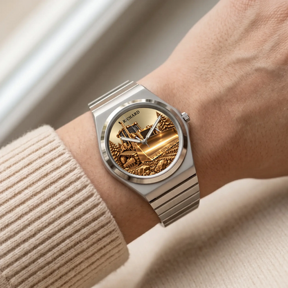 Silver-tone Signature Round custom bulldozer watch worn beside a cream sleeve